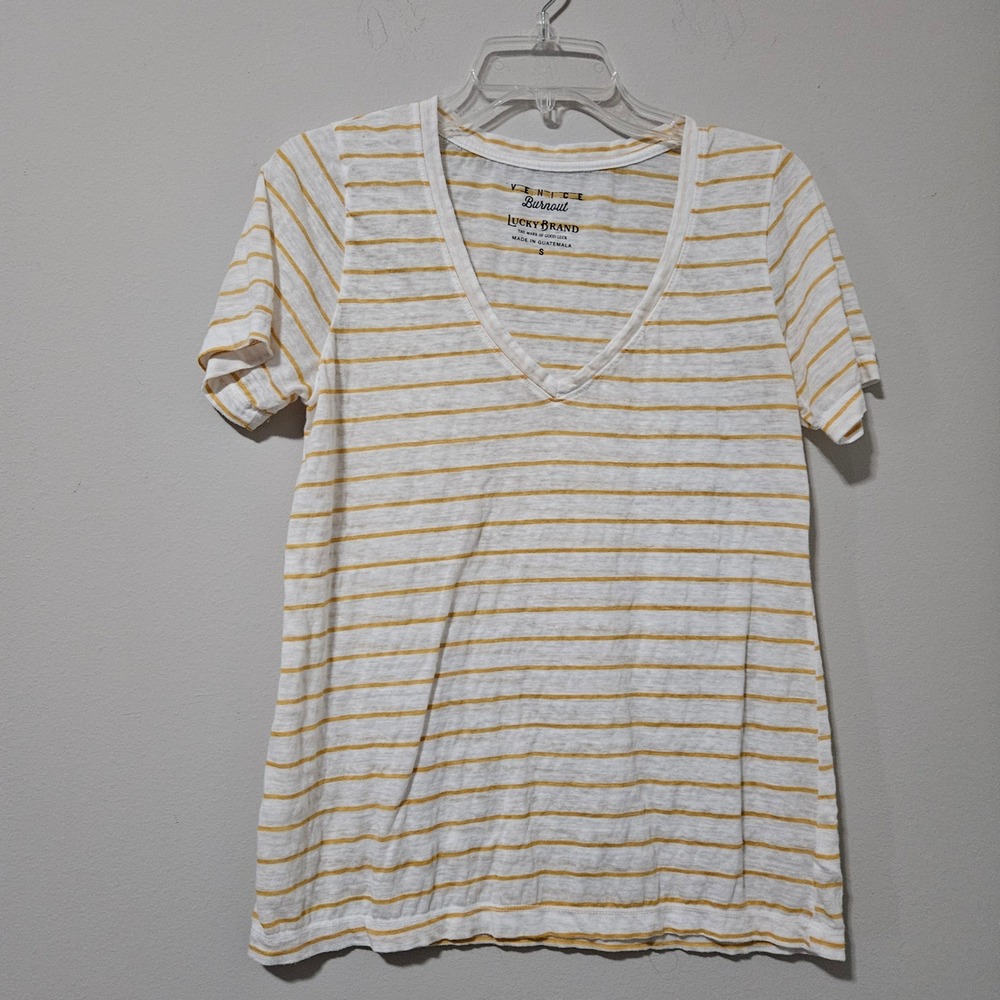 Lucky Brand Venice Burnout T-Shirt Womens Small Yellow White Striped V-Neck Tee